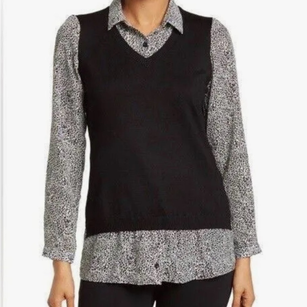 Adrianna Papell Designer Long Sleeve Shirt With Attached Sweater Size Medium